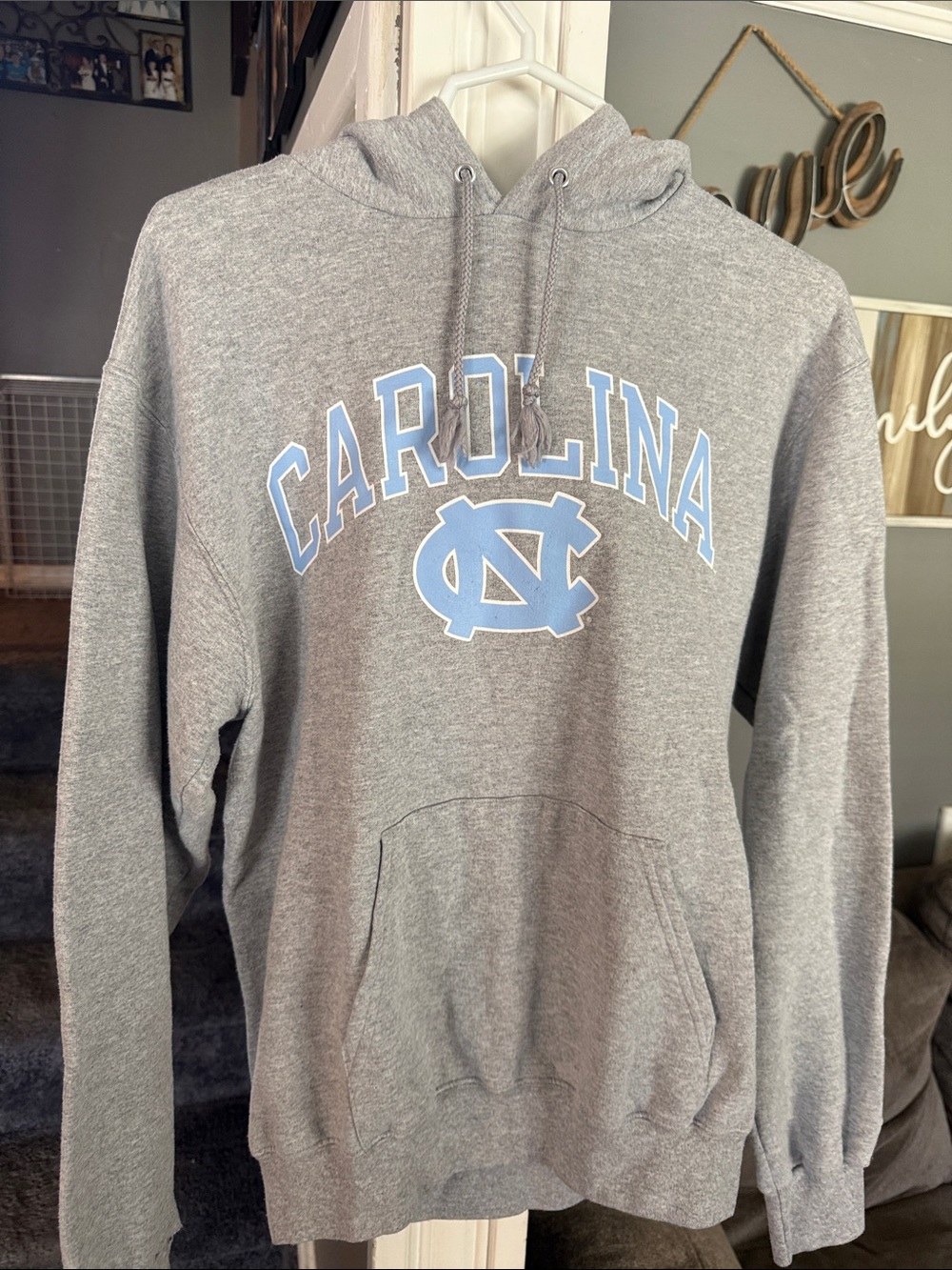 Champion Gray Hoodie with Carolina Light Blue Logo